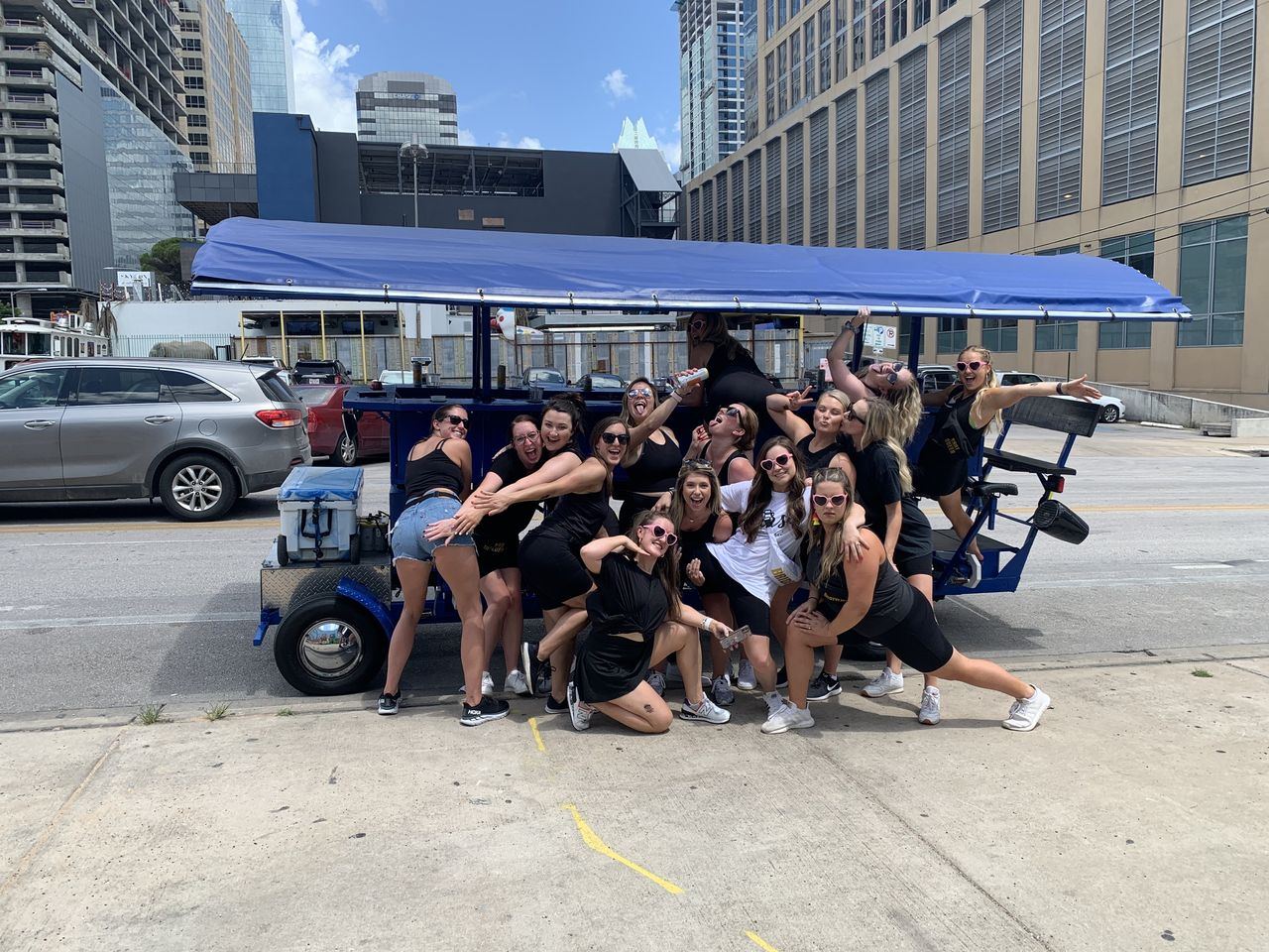 A group touring downtown Austin near the 4th Street Warehouse District