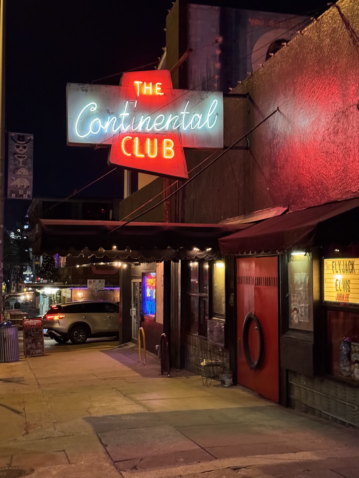 The neon sign outside the Continental Club on South Congress Avenue in Austin at night