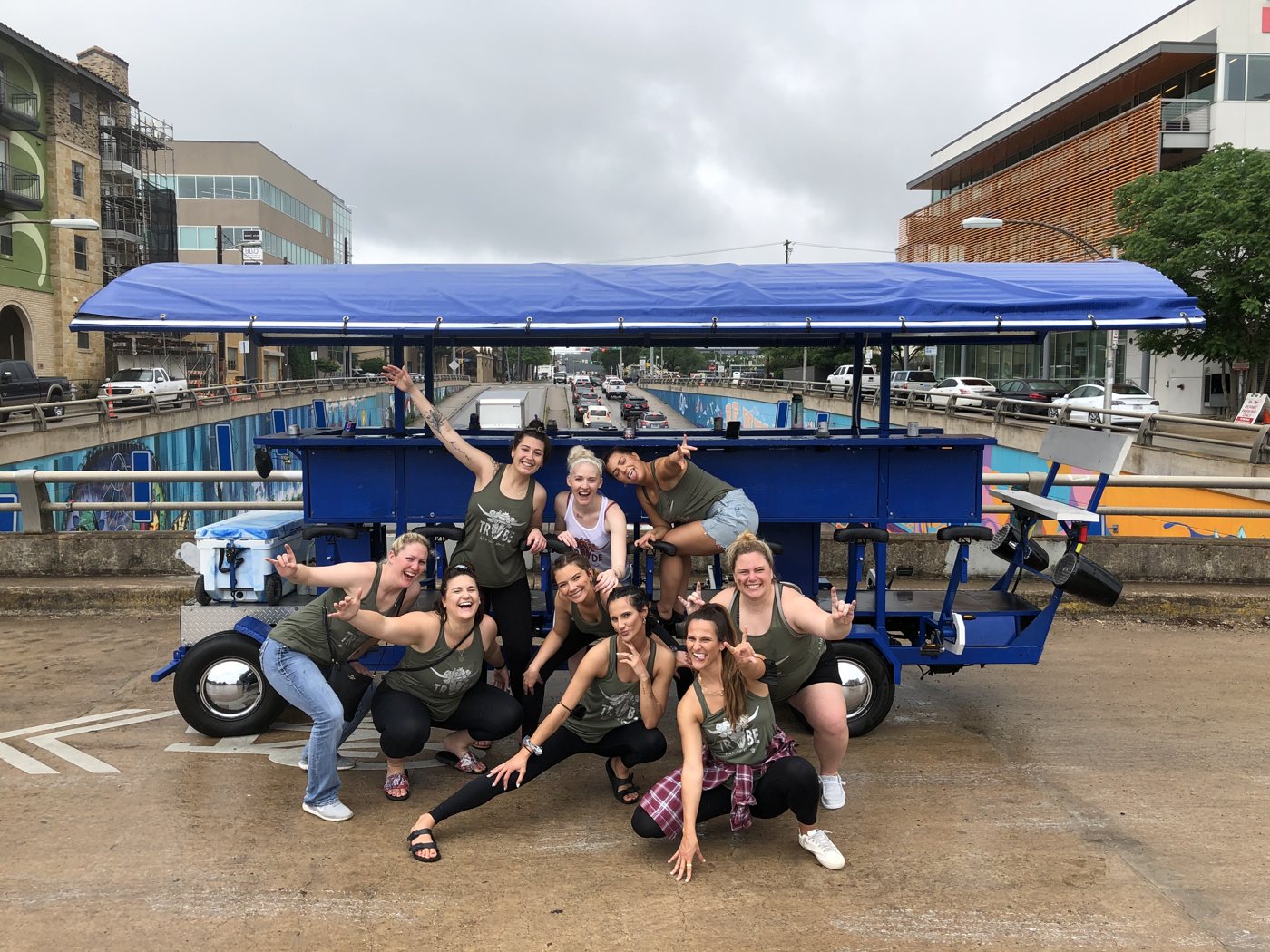 A full crew celebrating with the Austin Bar Bike downtown