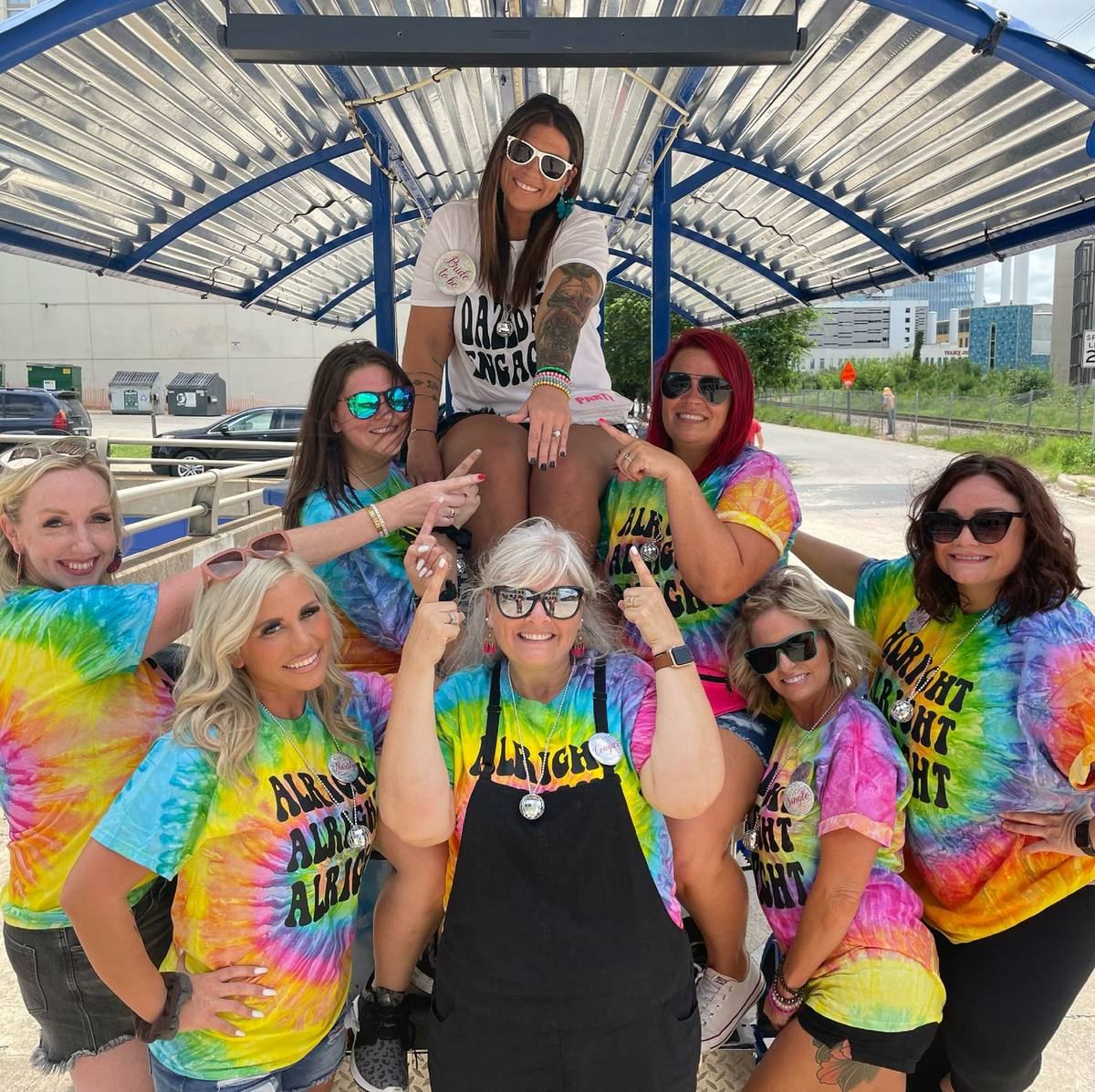 A bachelorette party rolling through Austin at night
