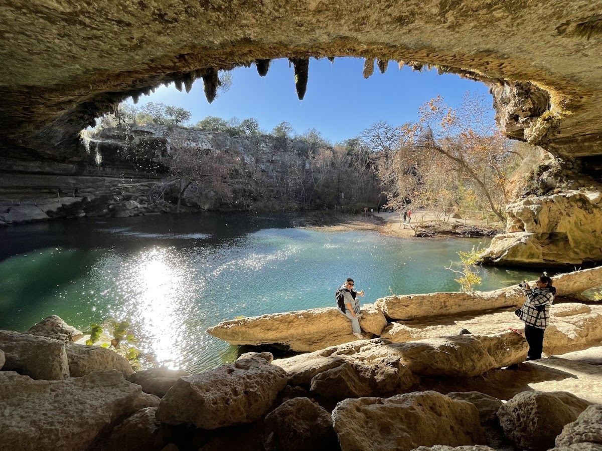 The waterfall and jade-green swimming hole at Hamilton Pool Preserve near Austin, Texas