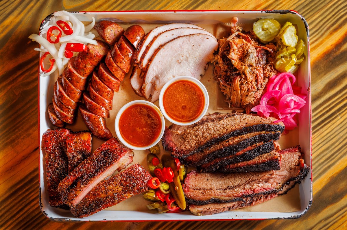 Tray of brisket, turkey, sausage and burnt ends at Stiles Switch BBQ on North Lamar in Austin