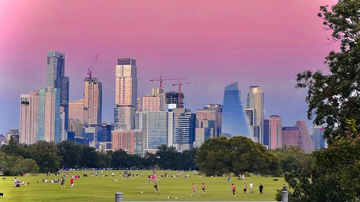 Zilker Park in Austin with the downtown skyline behind it, the site of ACL Festival